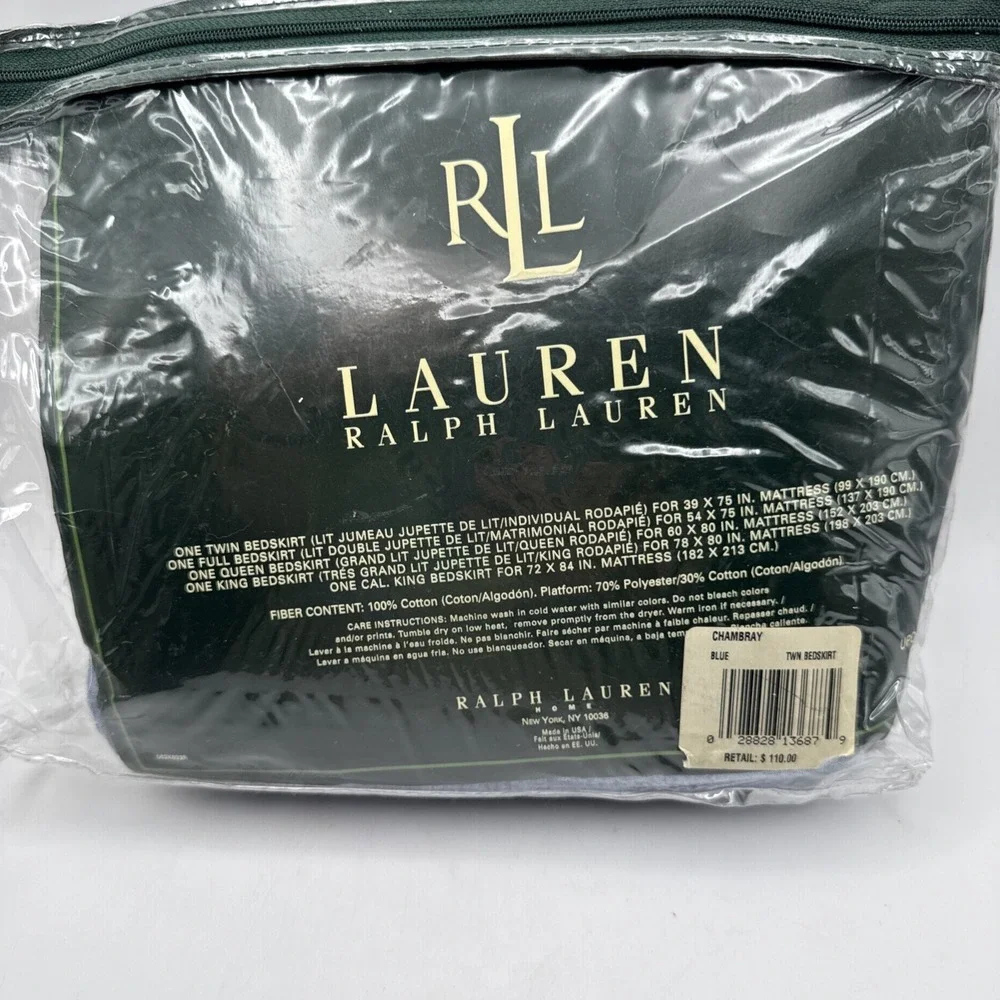 Vintage 90s Ralph Lauren Bedskirt Dust Ruffle TWIN Size Chambray Blue USA Cotton